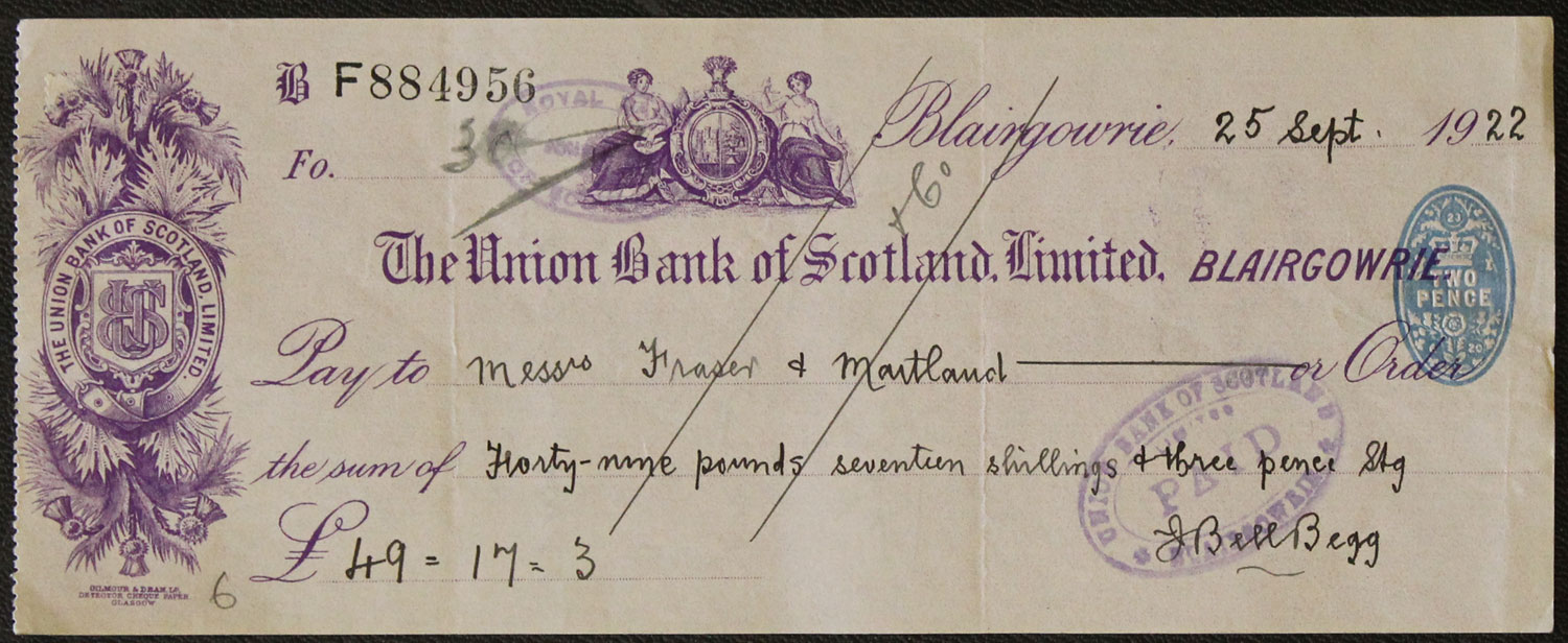 The Union Bank of Scotland Limited Blairgowrie cheque  The Union Bank of Scotland Limited Blairgowrie cheque