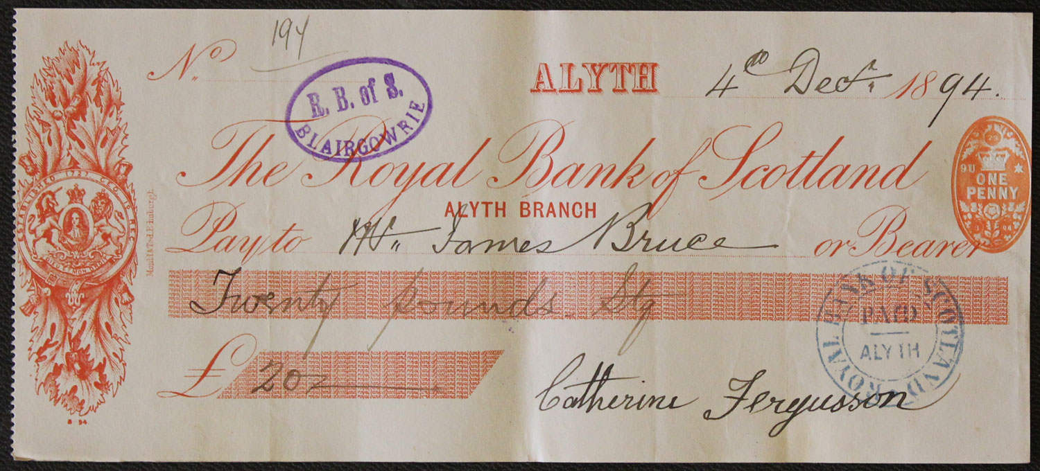 The Union Bank of Scotland Limited Blairgowrie cheque  The Union Bank of Scotland Limited Blairgowrie cheque
