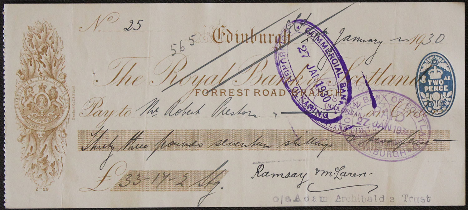 The Royal Bank of Scotland Edinburgh - Forrest Road Branch cheque  The Royal Bank of Scotland Edinburgh - Forrest Road Branch cheque