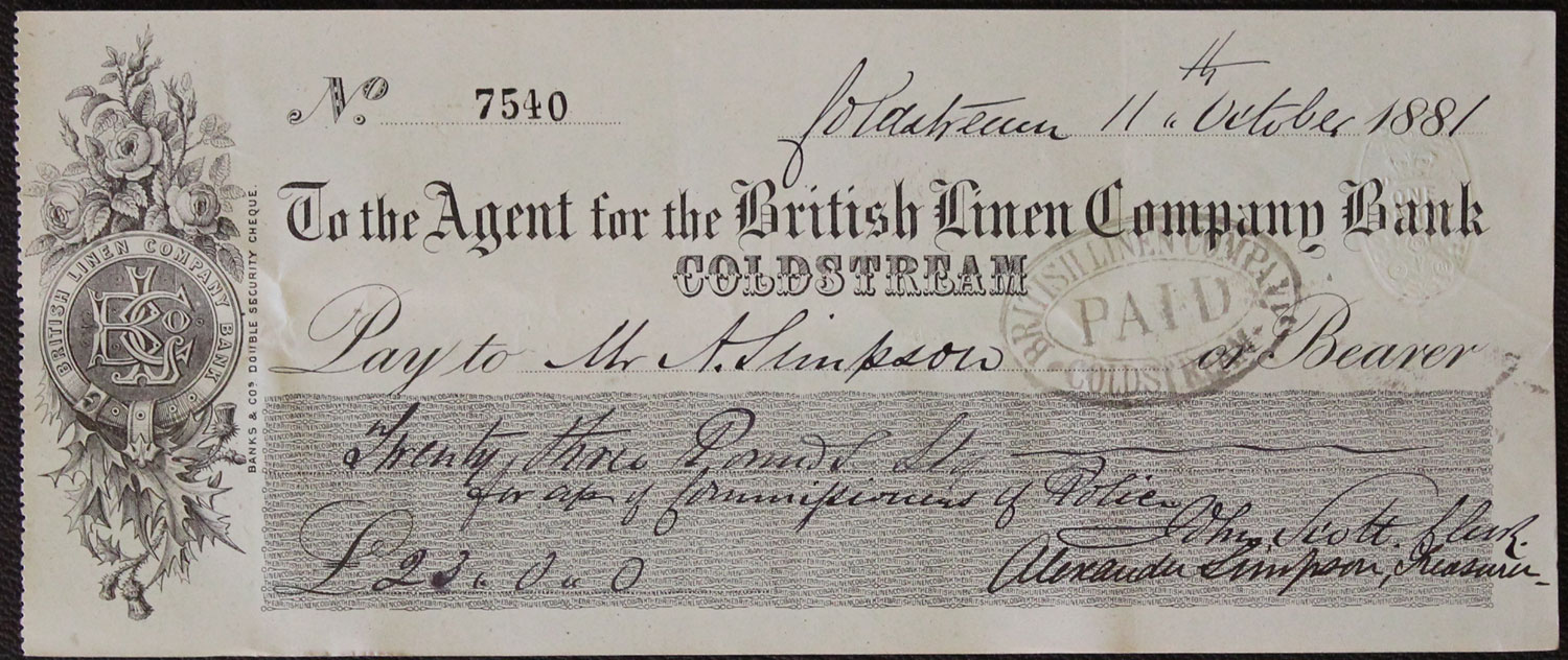 British Linen Company Bank Coldstream cheque  British Linen Company Bank Coldstream cheque