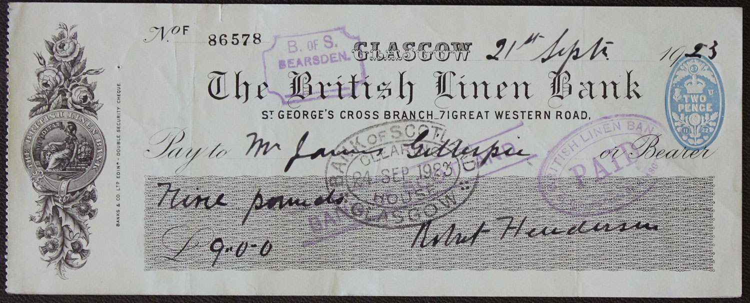 British Linen Company Bank Coldstream cheque  British Linen Company Bank Coldstream cheque
