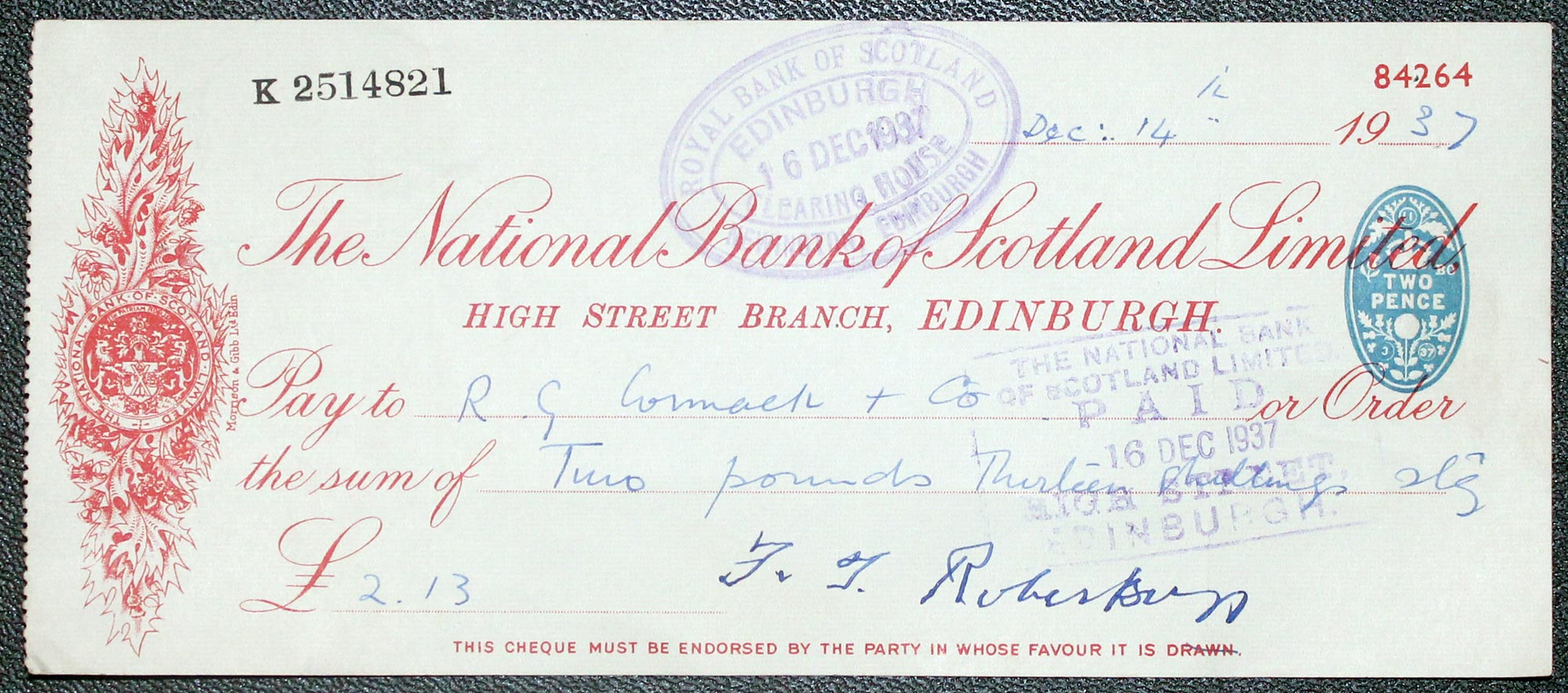 The National Bank of Scotland High Street Edinburgh cheque  The National Bank of Scotland High Street Edinburgh cheque