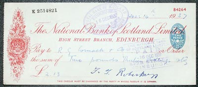 The National Bank of Scotland High Street Edinburgh cheque